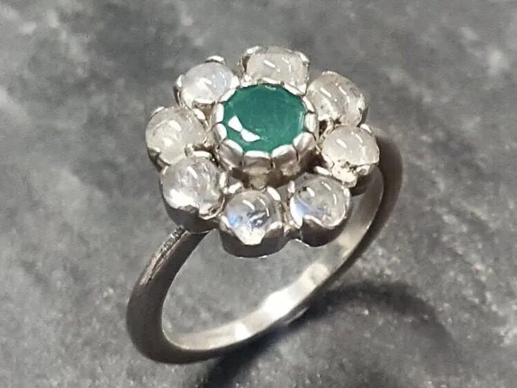 White Flower Ring - Real Emerald Ring - Flower Moonstone Ring