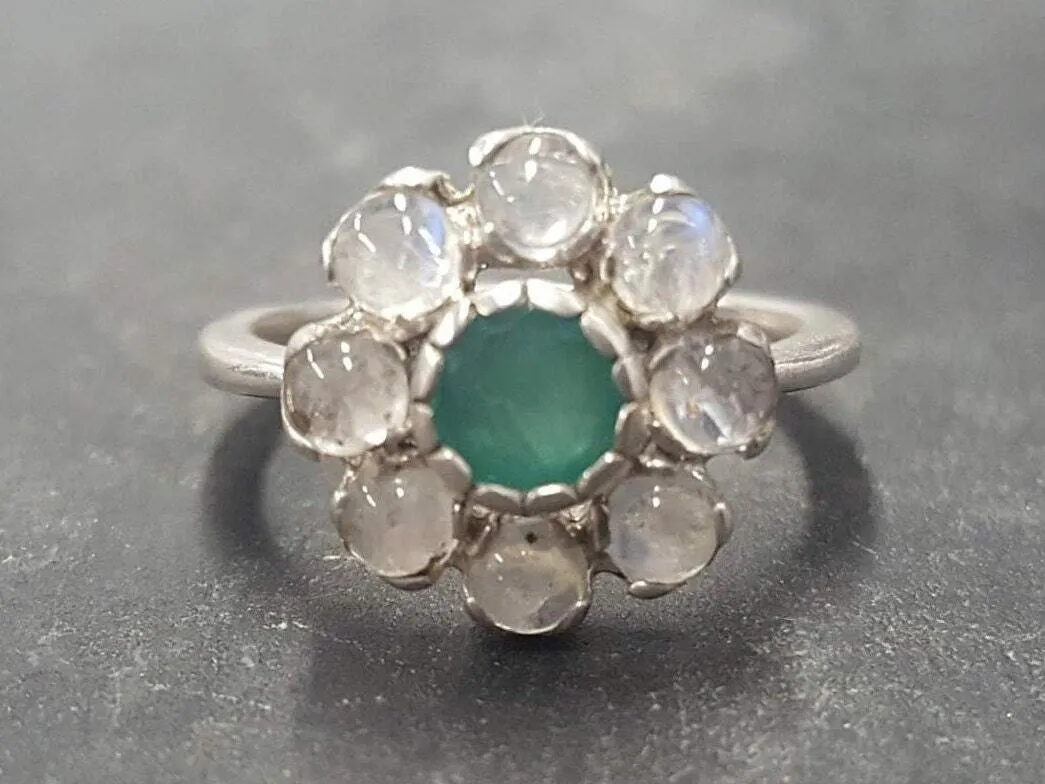 White Flower Ring - Real Emerald Ring - Flower Moonstone Ring