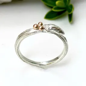 Willow Twig Bud Ring, Silver and Rose Gold Wedding Ring, Nature Stacking Ring