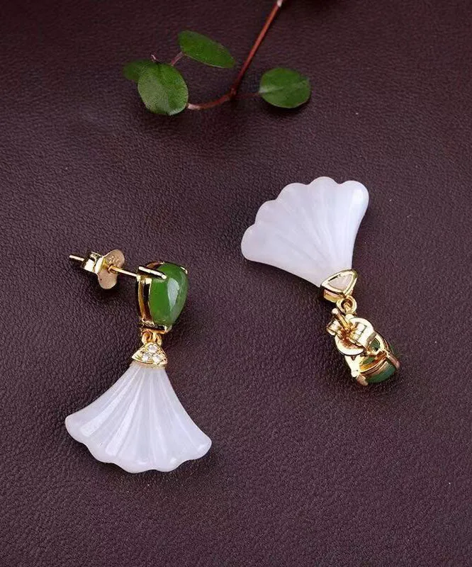 Women White Sterling Silver Inlaid Jade Fan Shaped Drop Earrings