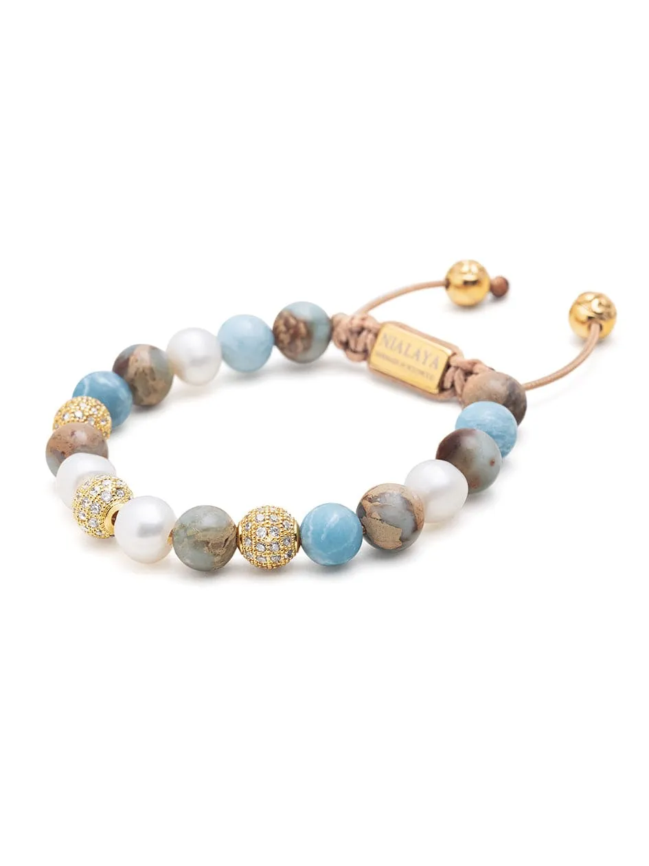 Women's Beaded Bracelet with Pearl, Larimar, Opal and Gold