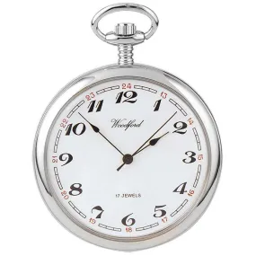 Woodford Chrome Plated Arabic Open Face Mechanical Pocket Watch - Silver/White