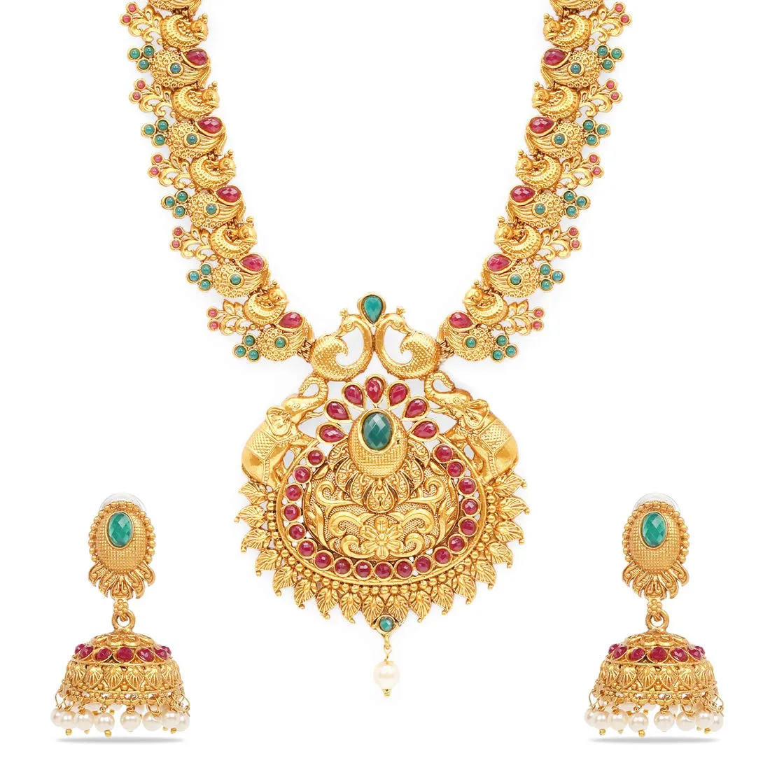 Yellow Chimes Ethnic Jewellery Set Gold Plated Peacock Jewelry Set Traditional Antique Ruby Necklace Set For Women & Girls