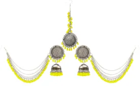 Yellow Chimes German Oxidised Silver Antique Traditional Maang Tikka with Earrings Jewellery Set for Women and Girls (Yellow)