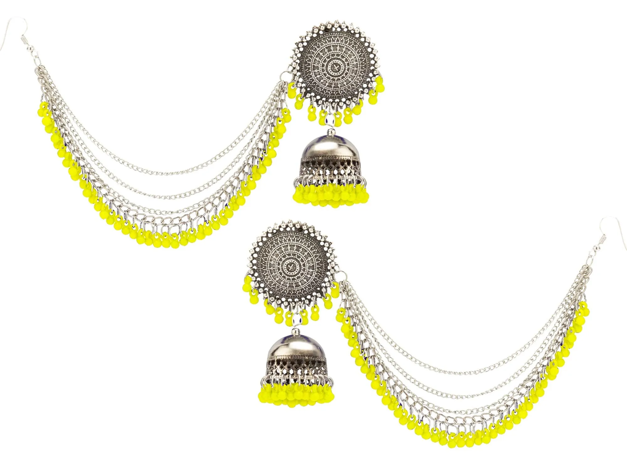 Yellow Chimes German Oxidised Silver Antique Traditional Maang Tikka with Earrings Jewellery Set for Women and Girls (Yellow)