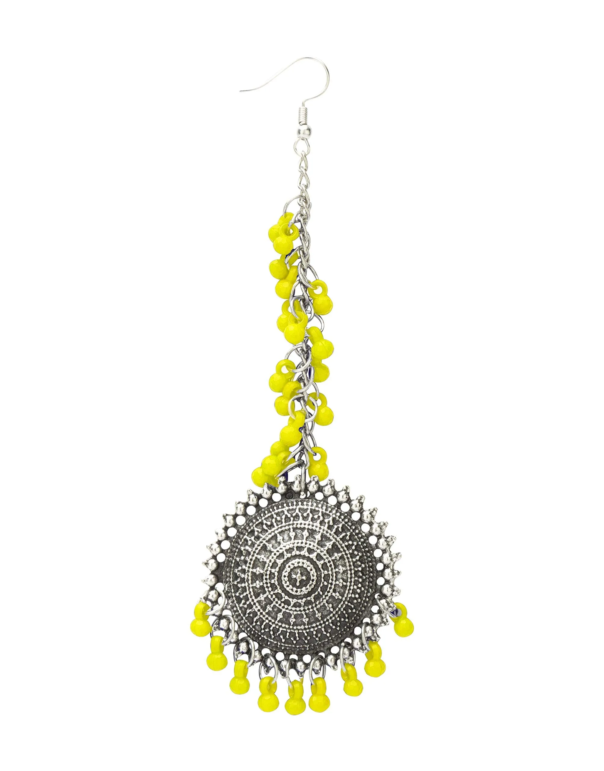 Yellow Chimes German Oxidised Silver Antique Traditional Maang Tikka with Earrings Jewellery Set for Women and Girls (Yellow)