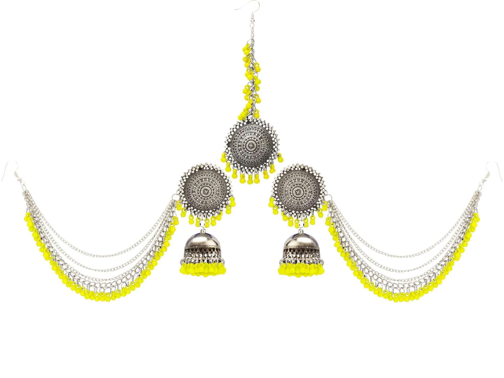 Yellow Chimes German Oxidised Silver Antique Traditional Maang Tikka with Earrings Jewellery Set for Women and Girls (Yellow)