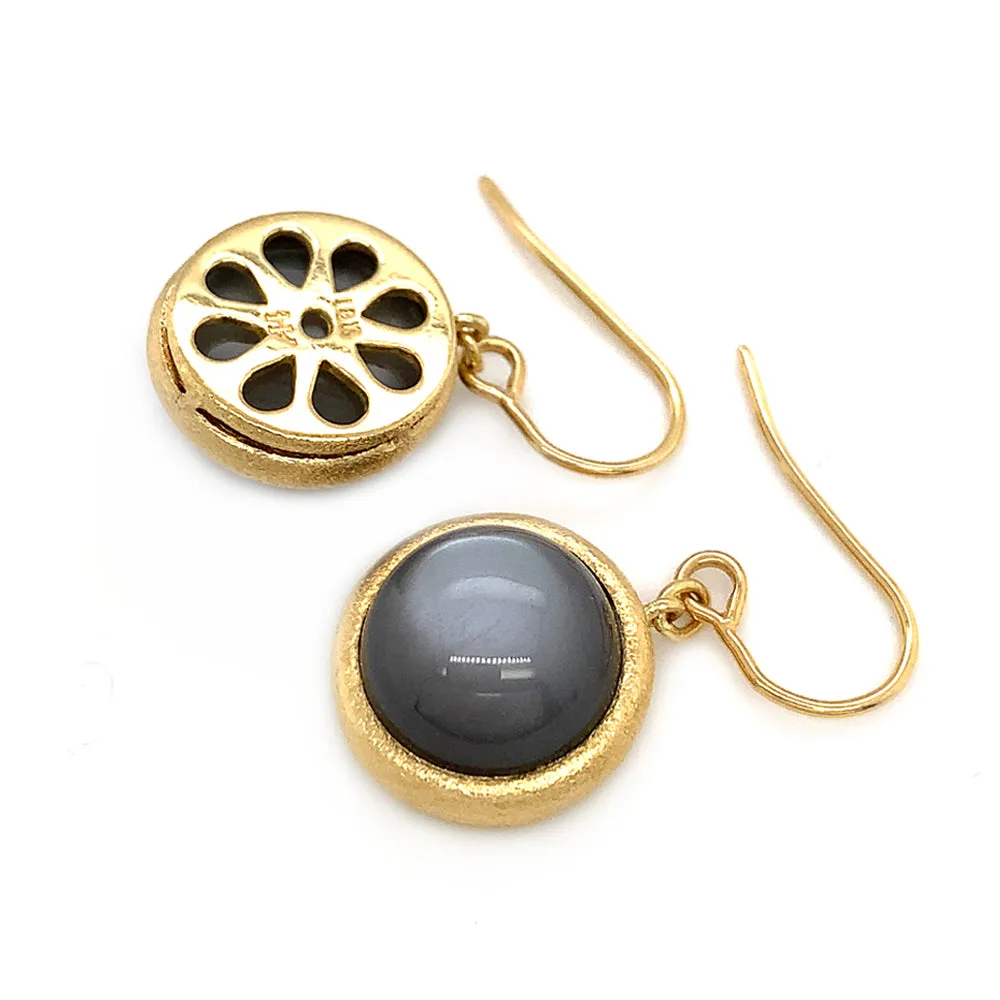 Yellow Gold & Moonstone Drop Earrings - "Baltic Night"