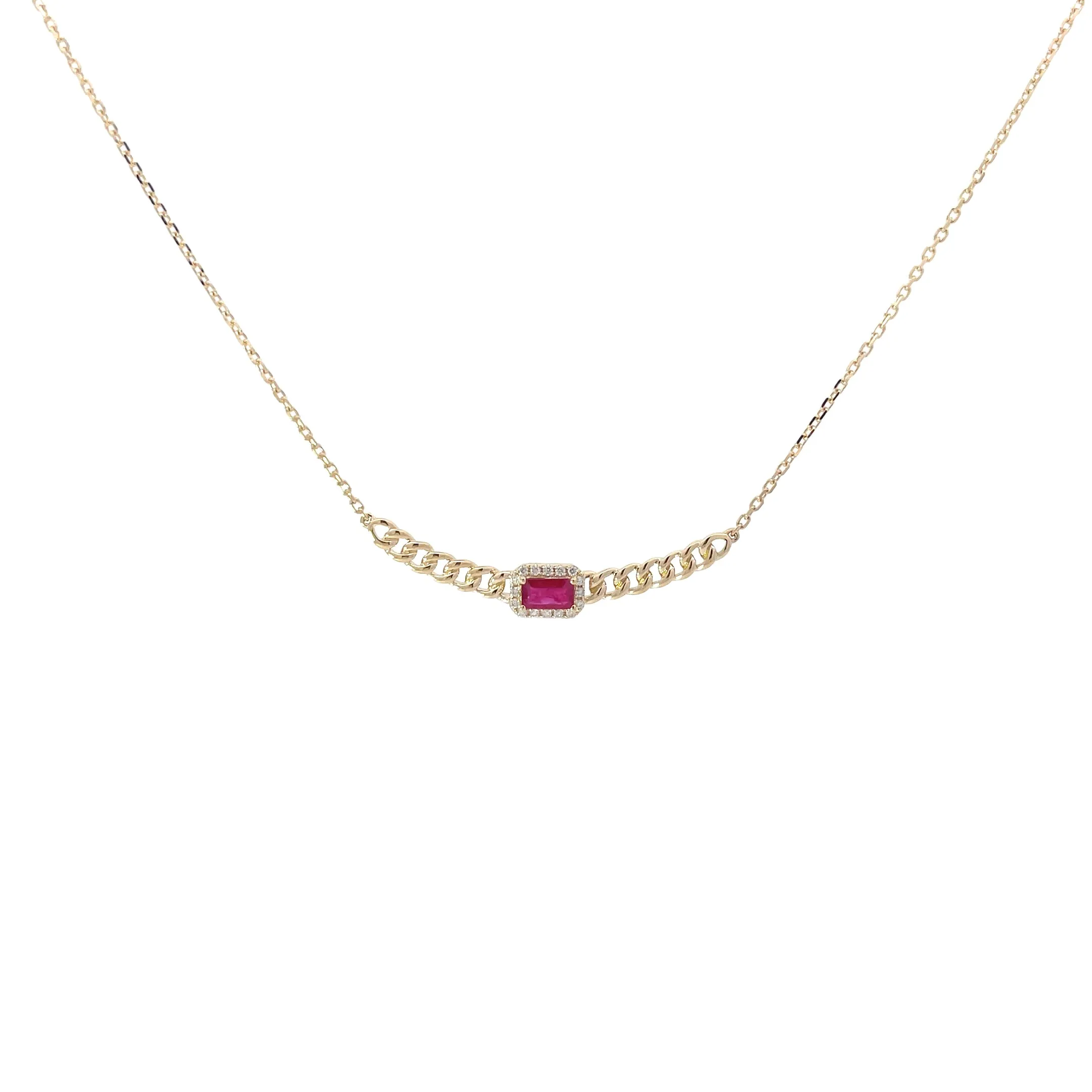 Yellow Gold Diamond Ruby Chain Bar Necklace